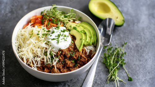 Healthy lunch bowl with seasoned ground beef, rice, avocado slices, shredded cheese, sour cream, fresh thyme