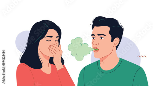 Woman covers her mouth in disgust as a man next to her exhales green, foul breath, depicting bad breath, oral hygiene issues, and social discomfort.
