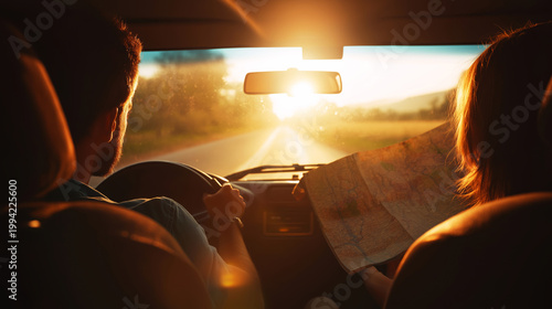 People on road trip driving car during golden sunset, navigating journey with paper map, traveling adventure