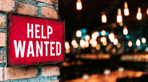 Vintage help wanted sign hanging on a brick wall inside a warm restaurant, searching for new job applicants