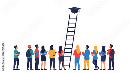 Diverse students look up at a ladder leading to a graduation cap, symbolizing academic aspirations, the path to higher education, and future success.
