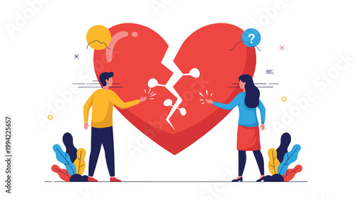 Man and woman stand facing a large broken red heart, symbolizing a relationship breakup, divorce, emotional pain, and the end of a partnership.