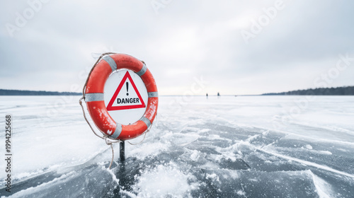 Danger warning sign on red lifebuoy during winter on frozen lake with cracked ice, emphasizing hazard and caution
