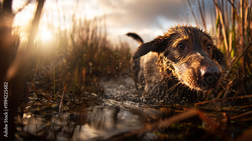 Wet retriever dog emerging from marsh water in golden hour light, reflecting wildlife nature and dog training