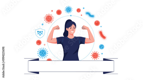 Strong woman flexes her muscles, surrounded by viruses, bacteria, and blood cells, representing a powerful immune system, good health, and disease resistance.
