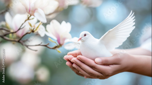 White dove resting gently in cupped hands, symbolizing peace, hope, and freedom against blooming magnolia flowers