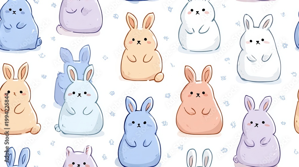 Obraz premium Flat bunny seamless repeat pattern, cute nursery style decorative design with soft pastel colors on white background for textile and surface print