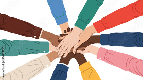 Multiple hands from diverse people are stacked on top of each other, symbolizing teamwork, unity, diversity, collaboration, and community support.