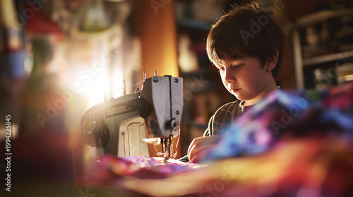 Young boy learning skill, concentrating on sewing colorful fabric with machine in warm light workshop