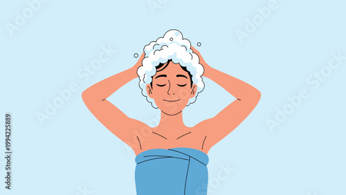 Woman washes her hair, covered in rich shampoo foam, with a contented smile, depicting self-care, hair care routine, and personal hygiene.