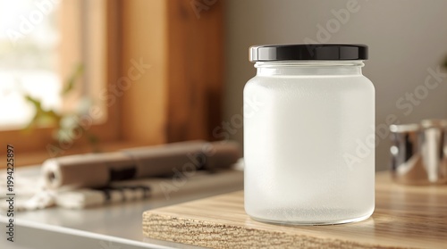 Frosted Glass Jar with a Black Lid on a Wooden Surface in Bright Daylight