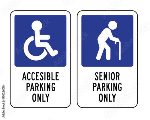 Handicap Accessible and Senior Priority Parking Sign Set High Quality Vector Graphic with International Symbol of Access and Elderly Icon for Property Compliance