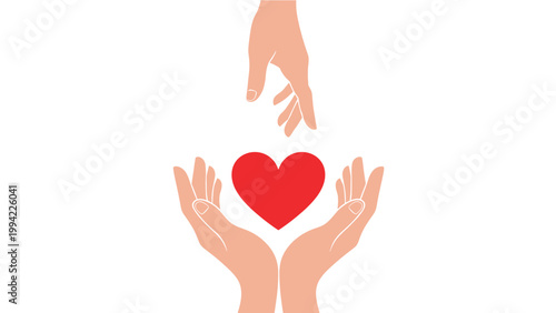 One hand reaches down towards another pair of hands cradling a red heart, symbolizing charity, giving, support, love, and compassion.