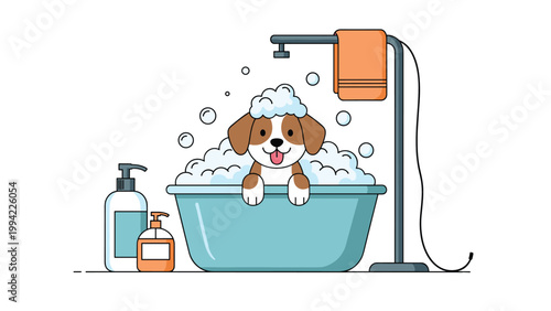 Adorable puppy dog in a bathtub full of bubbles, getting a bath and smiling happily, depicting pet care, grooming, and hygiene.