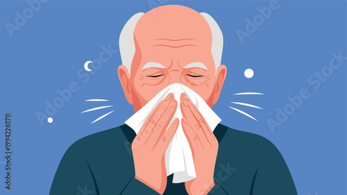 Elderly man blows his nose into a tissue, depicting cold or flu symptoms, allergies, and the importance of personal hygiene during illness.