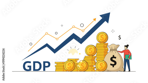 Upward trending graph shows rising GDP, with stacks of gold coins and a money bag, plus a woman, symbolizing economic growth and financial prosperity.