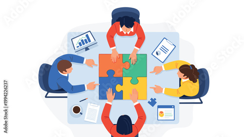 Five business people sit around a table, collaboratively completing a jigsaw puzzle, symbolizing teamwork, problem-solving, and strategic business collaboration.