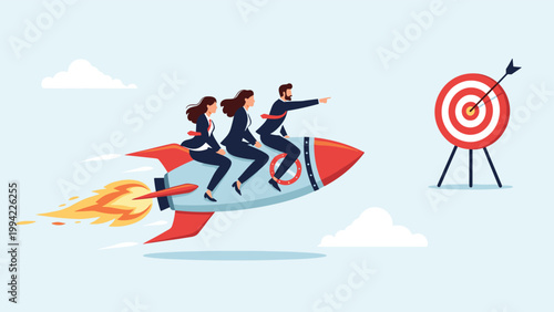 Three business people ride a rocket ship speeding towards a bullseye target, symbolizing ambitious business goals, fast growth, and teamwork for success.