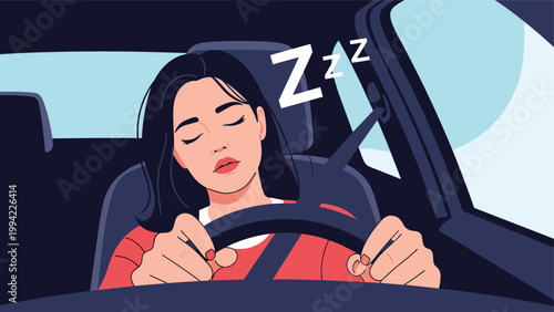 Woman sleeps behind the wheel of a car with "Zzz" indicated, symbolizing drowsy driving, fatigue, lack of sleep, and a dangerous road safety issue.