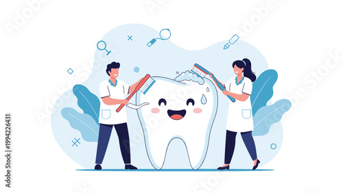 Two dentists happily brush a large, cheerful cartoon tooth, emphasizing the importance of dental hygiene, oral care, and professional dental services.