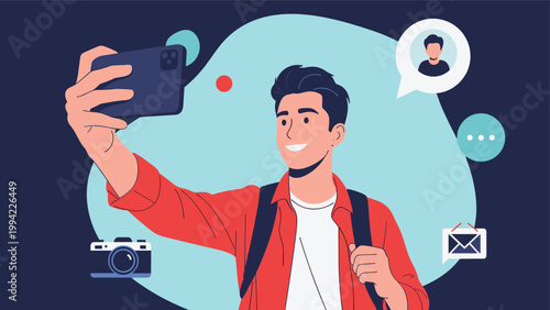 Man takes a selfie with a smartphone, surrounded by social media icons like a user profile and message bubbles, symbolizing digital connection and self-expression.