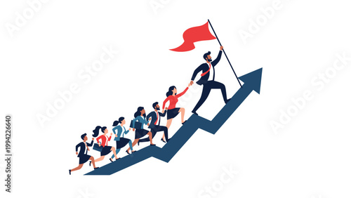 Businessman holding a red flag leads a line of diverse professionals up an ascending arrow, symbolizing strong leadership, collective progress, and team success.