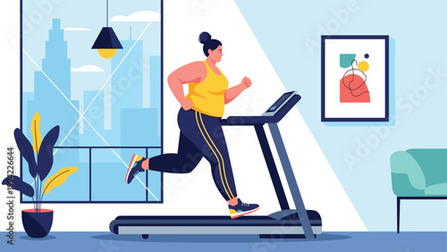 Overweight woman runs on a treadmill in her home, symbolizing fitness, weight loss journey, healthy lifestyle, and indoor exercise routine.