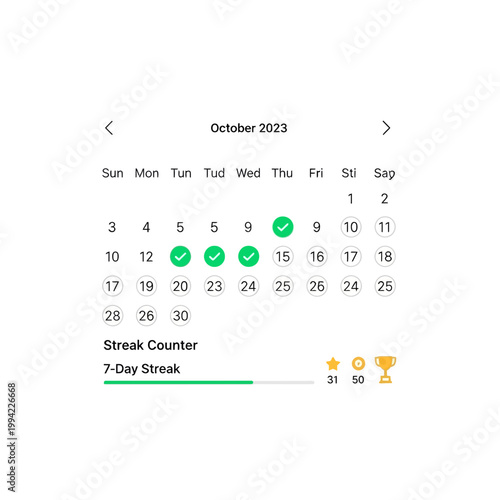 October 2023 calendar, daily streak counter, habit tracker, green checkmarks