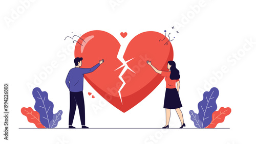 Man and woman stand facing a large broken red heart, symbolizing a relationship breakup, divorce, emotional pain, and the end of a partnership.