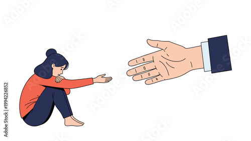 Sad woman sits, reaching out as a large hand extends towards her, symbolizing help, support, empathy, and the importance of offering assistance in times of need.