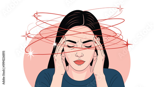 Woman clutches her head with red stars and swirls circling around, illustrating a severe headache, dizziness, migraine, and mental stress.