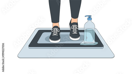 Person's feet on a sanitizing mat next to a hand sanitizer bottle, illustrating hygiene protocols and health safety measures.