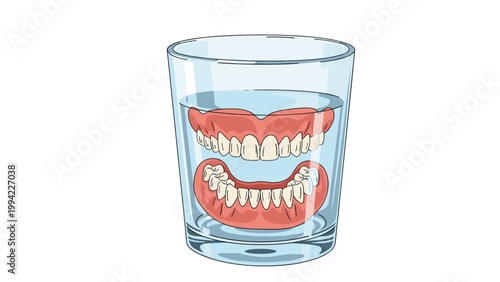 Full set of upper and lower dentures soaking in a clear glass of water, symbolizing dental hygiene and prosthetic care.