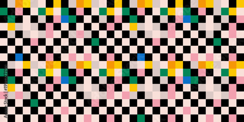Colorful checkered pattern with varying hues and a pixelated aesthetic