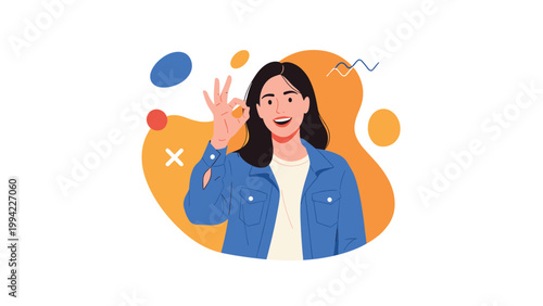 Cheerful young woman with dark hair smiling brightly and making an "OK" hand gesture, symbolizing approval, satisfaction, and perfection.