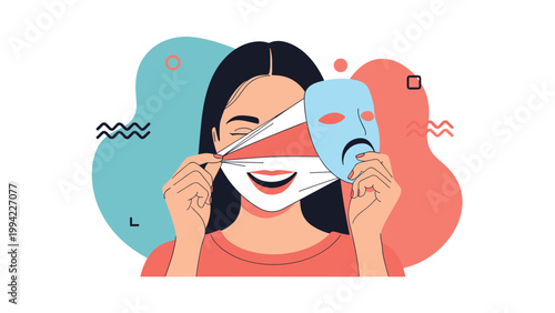 Woman peeling away a sad mask to reveal a joyful, smiling face, illustrating the concept of emotional change, authenticity, and mental well-being.