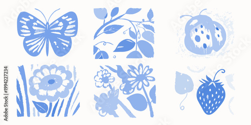 Blue botanical illustrations featuring butterflies flowers and a ladybug