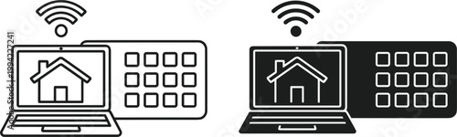 Smart Home Control System Icons with Laptop Interface and Wireless Connectivity Symbols Vector Illustration for Home Automation Security Technology and IoT Device Designs