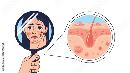 Woman looking distressed at her face in a mirror, showing acne and skin problems, with a magnified view of skin conditions.