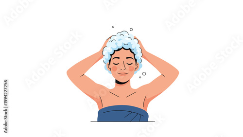 Young woman happily washing her hair with shampoo, creating abundant foam, illustrating personal hygiene and hair care routine.