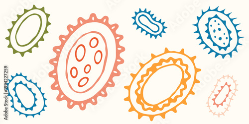 Colorful illustration depicting various shapes of bacteria and microorganisms