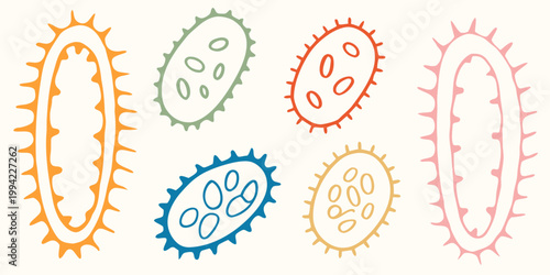 Colorful illustration depicting various bacterial and viral cell structures