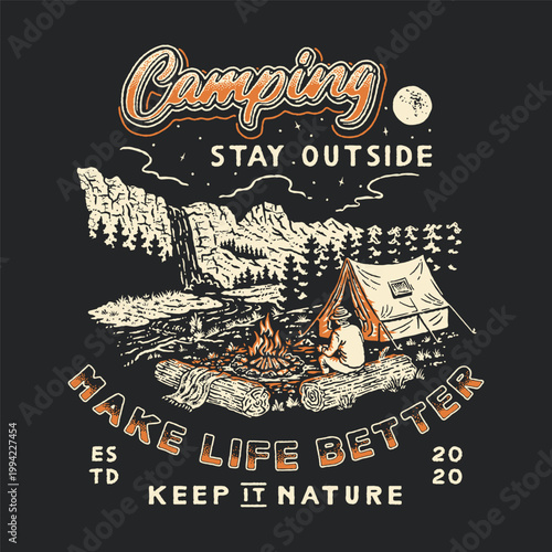 campfire illustration waterfall graphic panorama design night badge black background vintage outdoor adventure