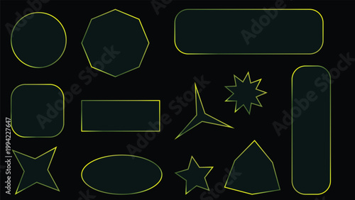 Neon green shapes on black background, geometric figures