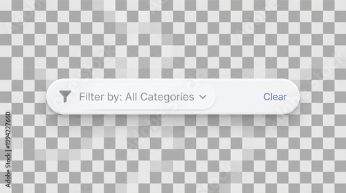 Modern filter bar UI component for website and mobile application design, minimalist white search field with filter icon, dropdown menu and clear button, 3D soft shadow user interface design element