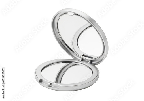 Open silver compact mirror isolated on transparent background