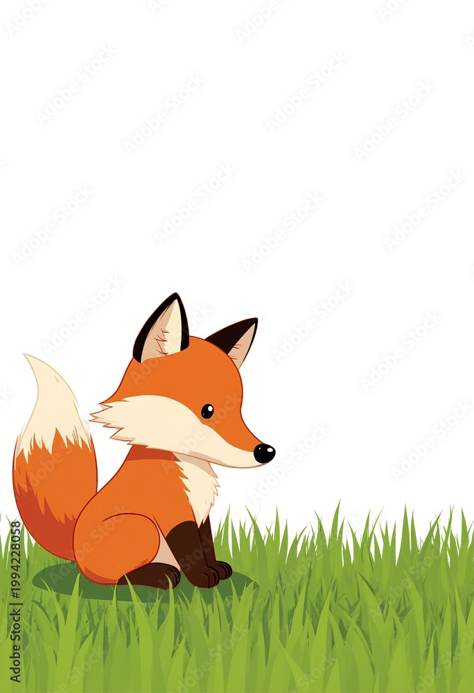 Obraz premium Cute red fox cartoon character in the grass