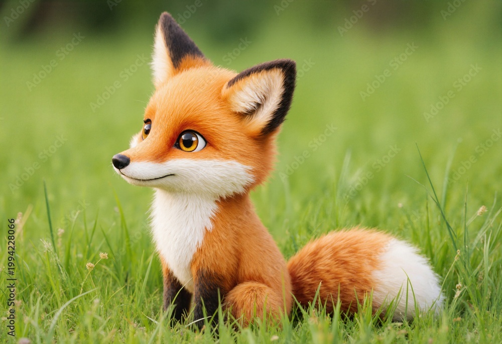 Obraz premium Cute red fox cartoon character in the grass