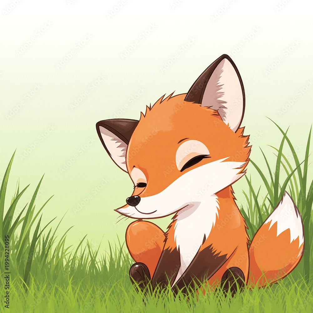 Obraz premium Cute red fox cartoon character in the grass