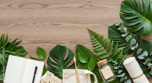 Sustainable lifestyle and zero-waste products displayed on a wooden background with lush green leaves